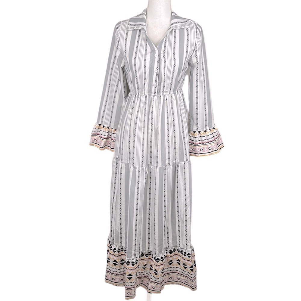 SHEIN Boho White‎ & Gray Colorful Long Bell Sleeve Maxi Dress Size XS